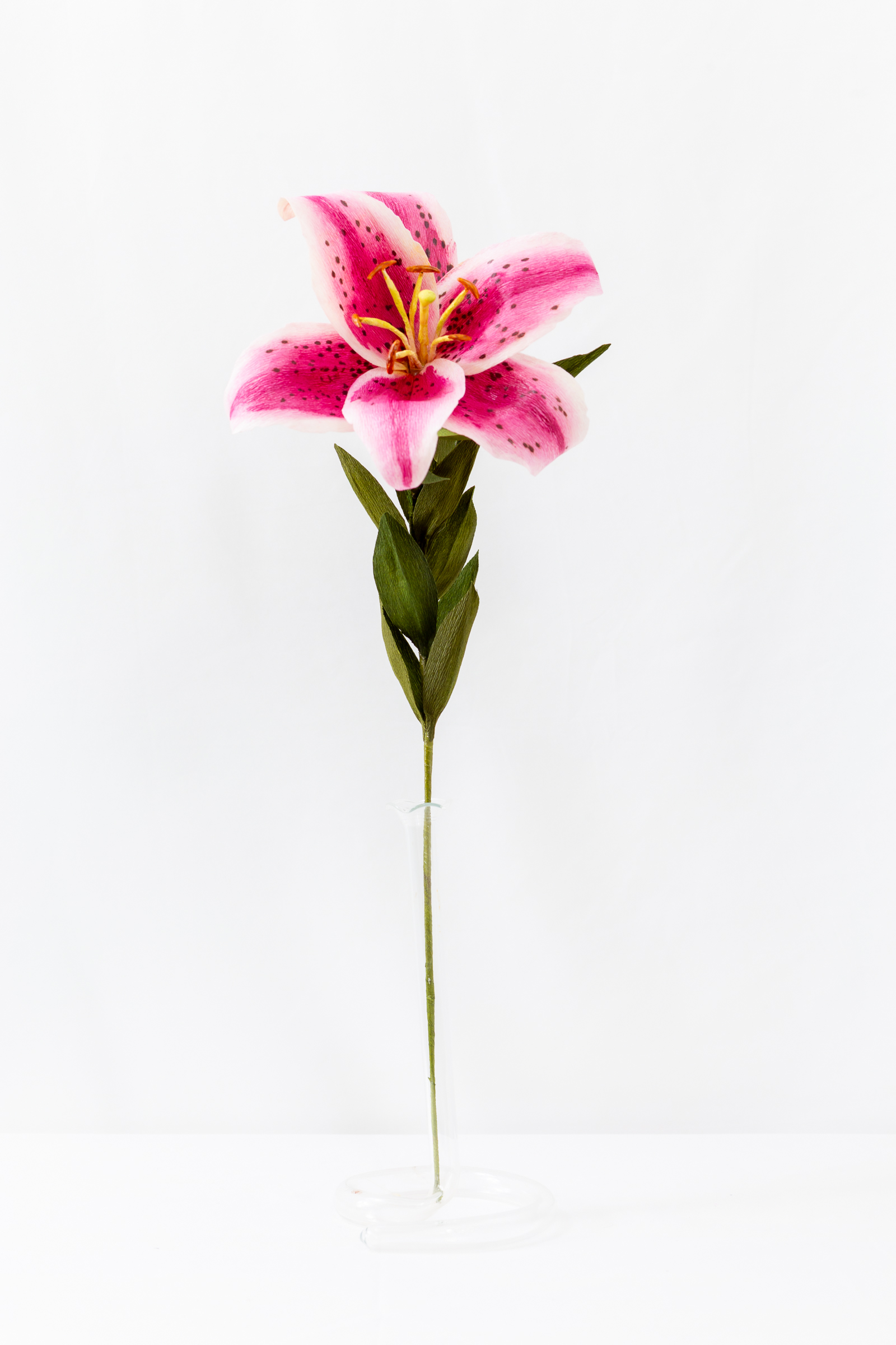 Stargazer lily with hand-dyed pink petals, dark freckles, and a green bud on the stem